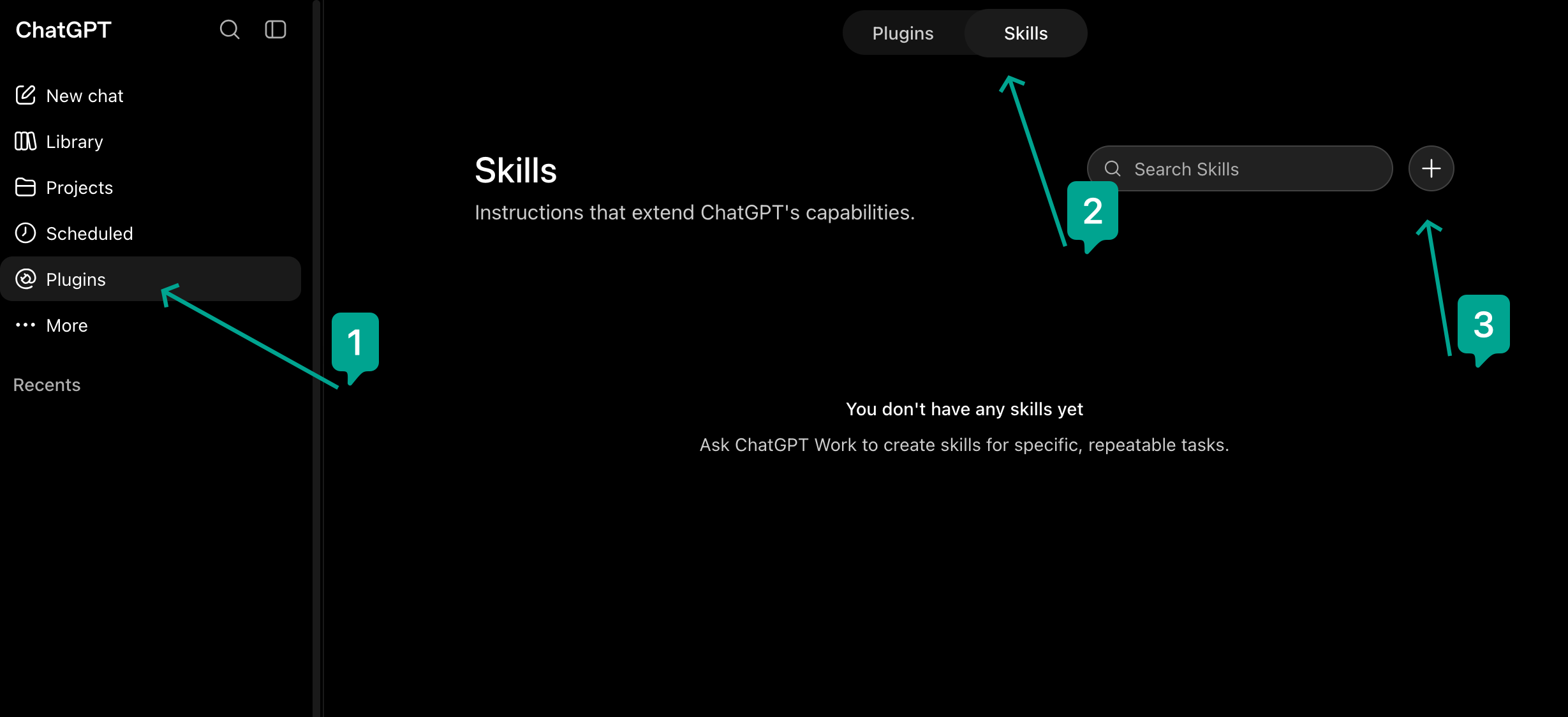 ChatGPT 网页端依次标出 Plugins、Skills 和加号按钮